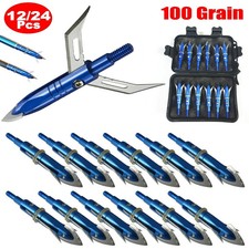 12/24Pcs Hunting Broadheads 100Gr Blue Expandable Sharp Blade Crossbow Arrow Tip
