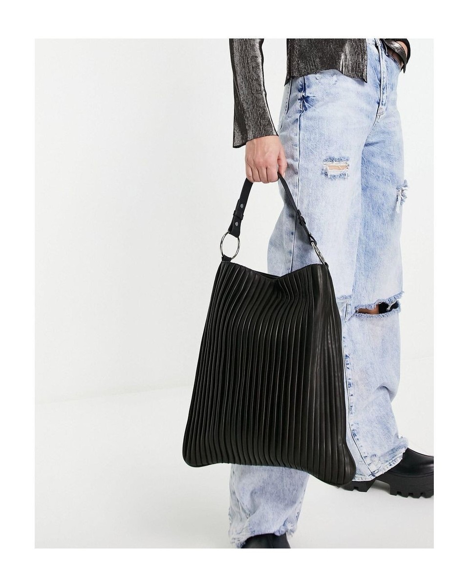 TOPSHOP Plisse Black Leather Tote Shoulder Bag Women’s $93