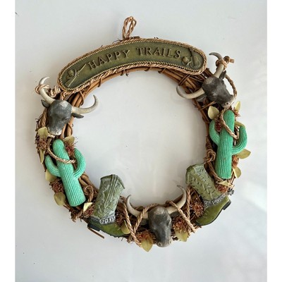 Vintage  Happy Trails  Western Wreath 14'' Cowboy Rustic Wall Decor Western