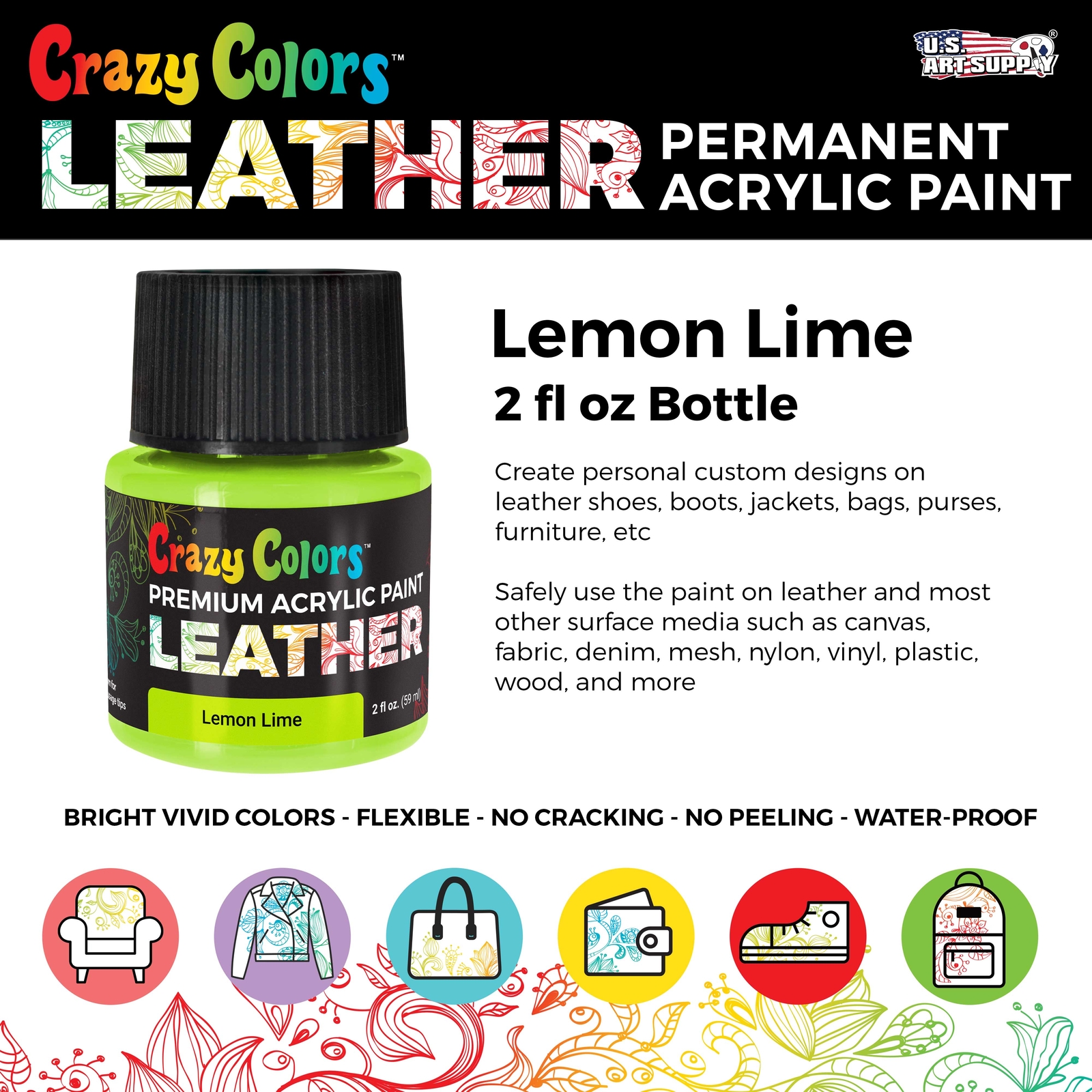 Lemon Lime Premium Acrylic Leather Shoe Paint, 2 oz - Sneakers, Jackets, Bags