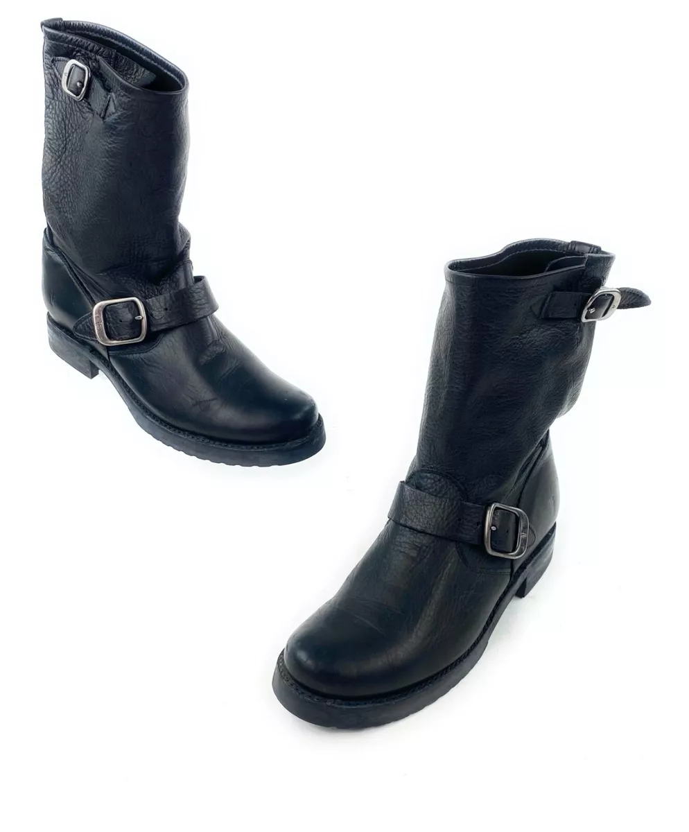 FRYE Veronica Moto Leather Black Biker Boots Mid Calf Sz 7