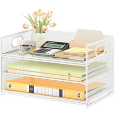 3 Tier Letter Tray Paper Organizer Handle Sliding Tray White Metal Mesh Desk