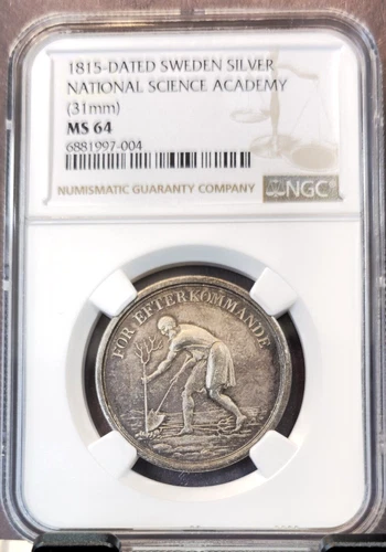 1815 SWEDEN SILVER NATIONAL SCIENCE ACADEMY MEDAL NGC MS 64 RARE TOP POP 1