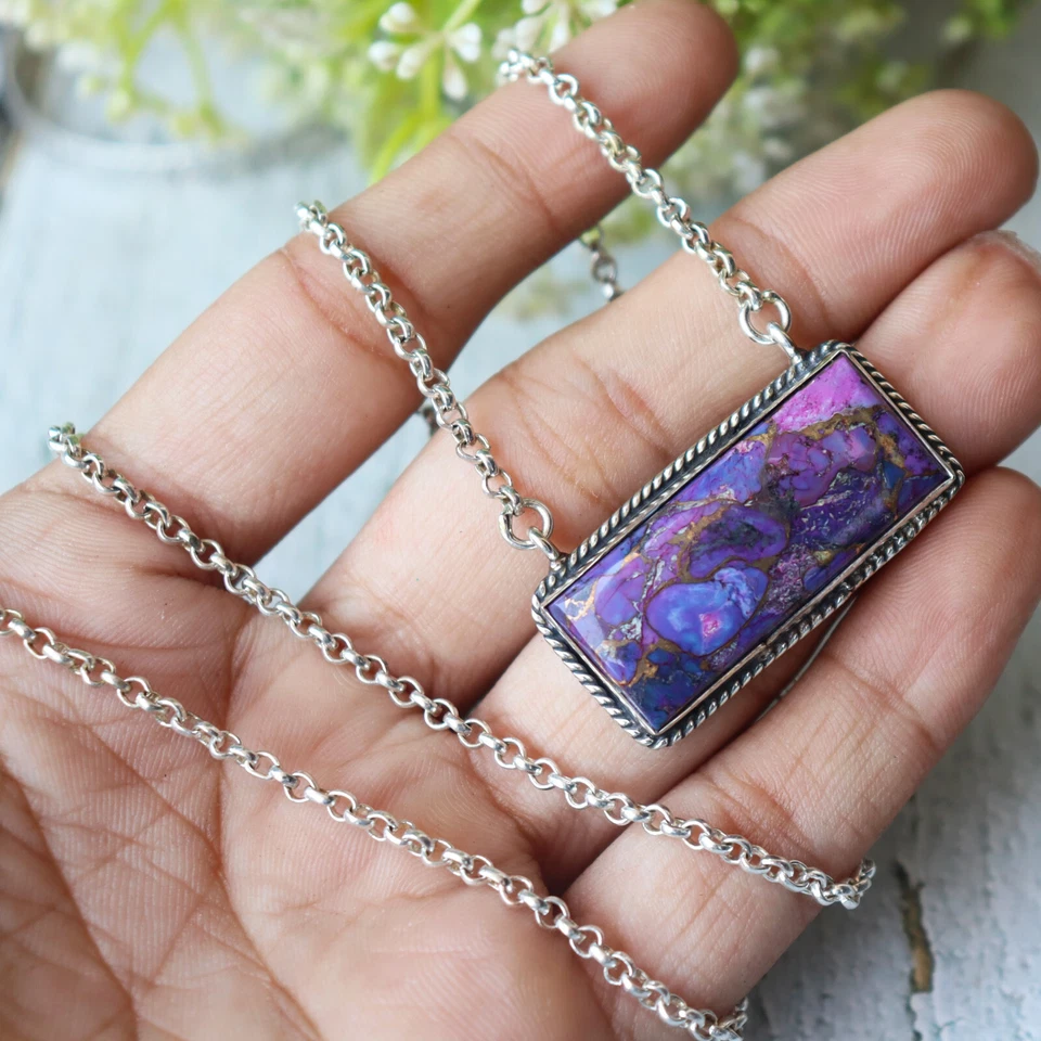 Purple Copper Turquoise Pendant, 925 Silver Pendant, Handmade Dainty Pendant**** - Image 2 of 3