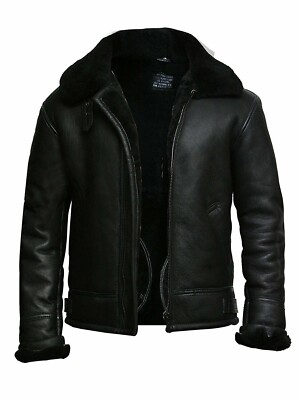 Men's RAF Aviator B3 Flying Bomber New Cowhide Real Leather Black Fur Jacket