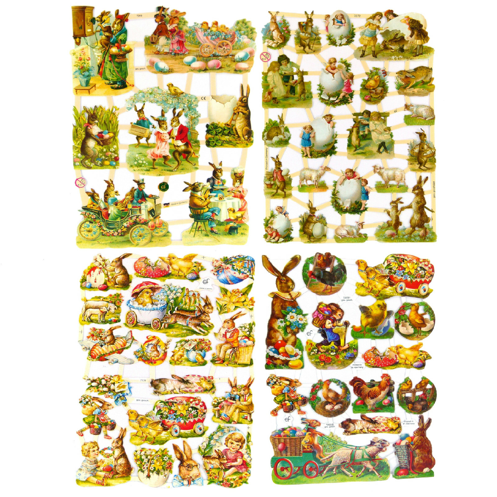 Glanzbilder Osterhasen Motiv Set aus 4 verschiedenen Oblaten Papierbögen