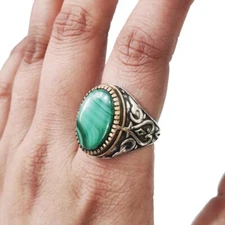 NATURAL MALACHITE GEMSTONE 925 STERLING SILVER ARABIC DESIGN OTTOMAN STYLE RING