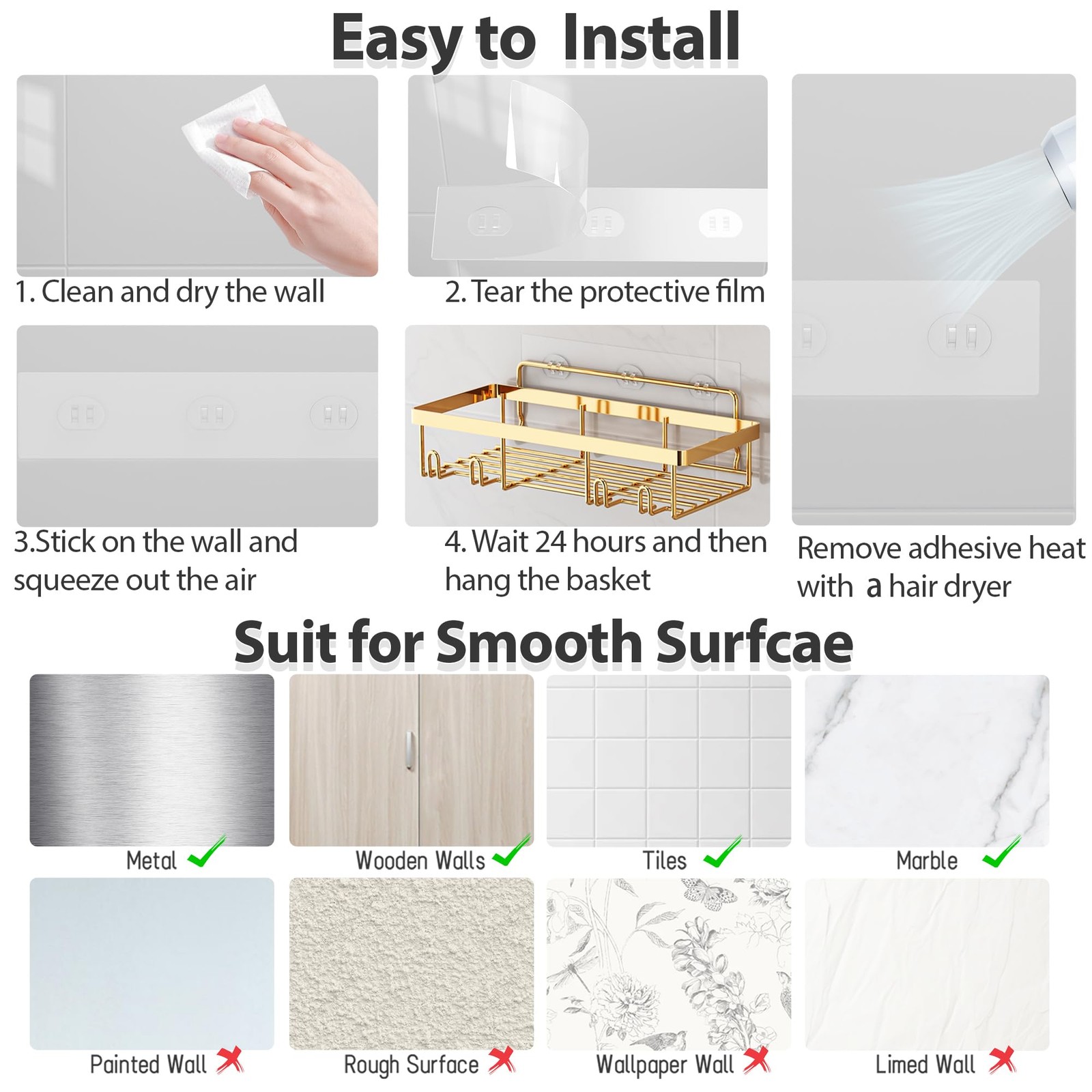 5 Pack Shower Caddy Organizer Rack Shelf for Inside Shower, Self Adhesive Wal...