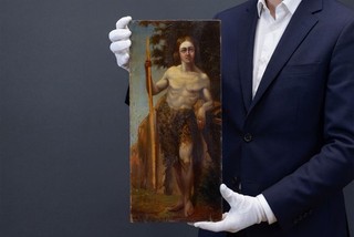 St John the Baptist in the Wilderness 19thC Antique Oil on Panel Painting