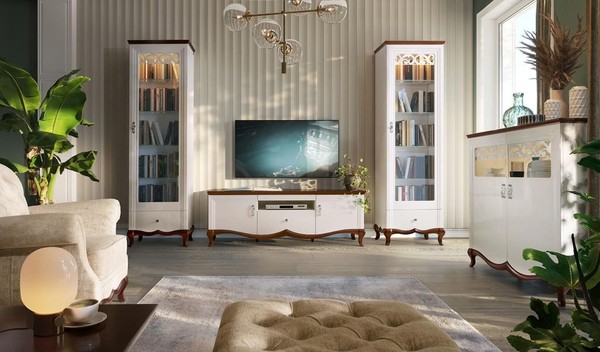 Komplett Wohnzimmer Tv-Lowboard Mit 2X Vitrine HolzmöBel Wohnwand 3Tlg Set-image