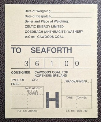 Celtic Energy Coedbach nach Seaforth Cawoods Kohlewagen Etikett