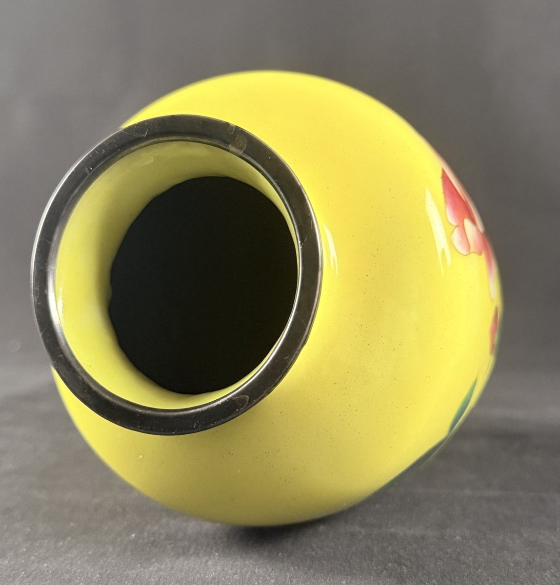 Japanese Cloisonné Enamel Vase Silver Rim Yellow Ground Bird
