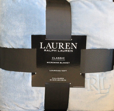 Ralph Lauren Classic Micromink Blanket Full/Queen Light Blue 90''x90'' Lux-Soft