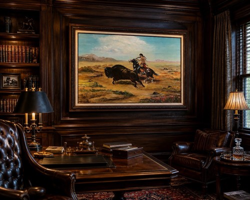 Buffalo Hunter Native American Plains Signed J. MOORE Oil Painting Original