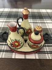 Vintage Condiment Tray With Vinager Oil Salt Pepper And Mustard Jar