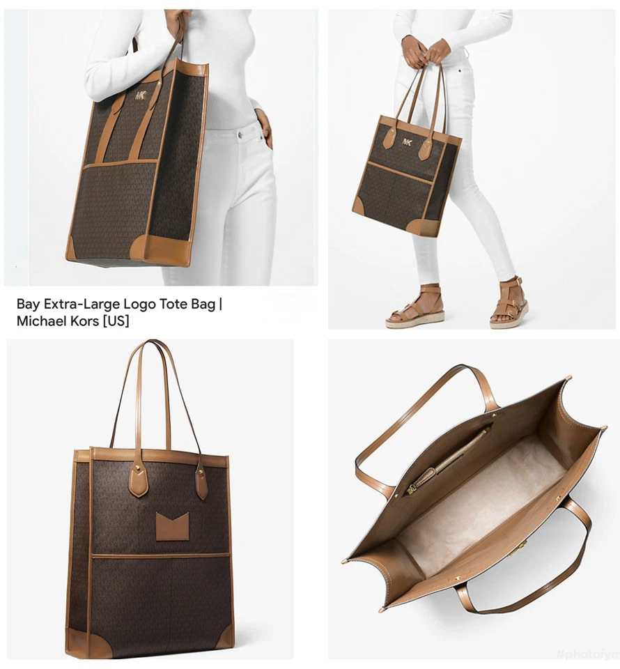 Nuevo sin etiquetas Michael Kors Bay Extra-Grande Firma Marrón Logo Estampado con Borde de Bellota Foto 2 de 4