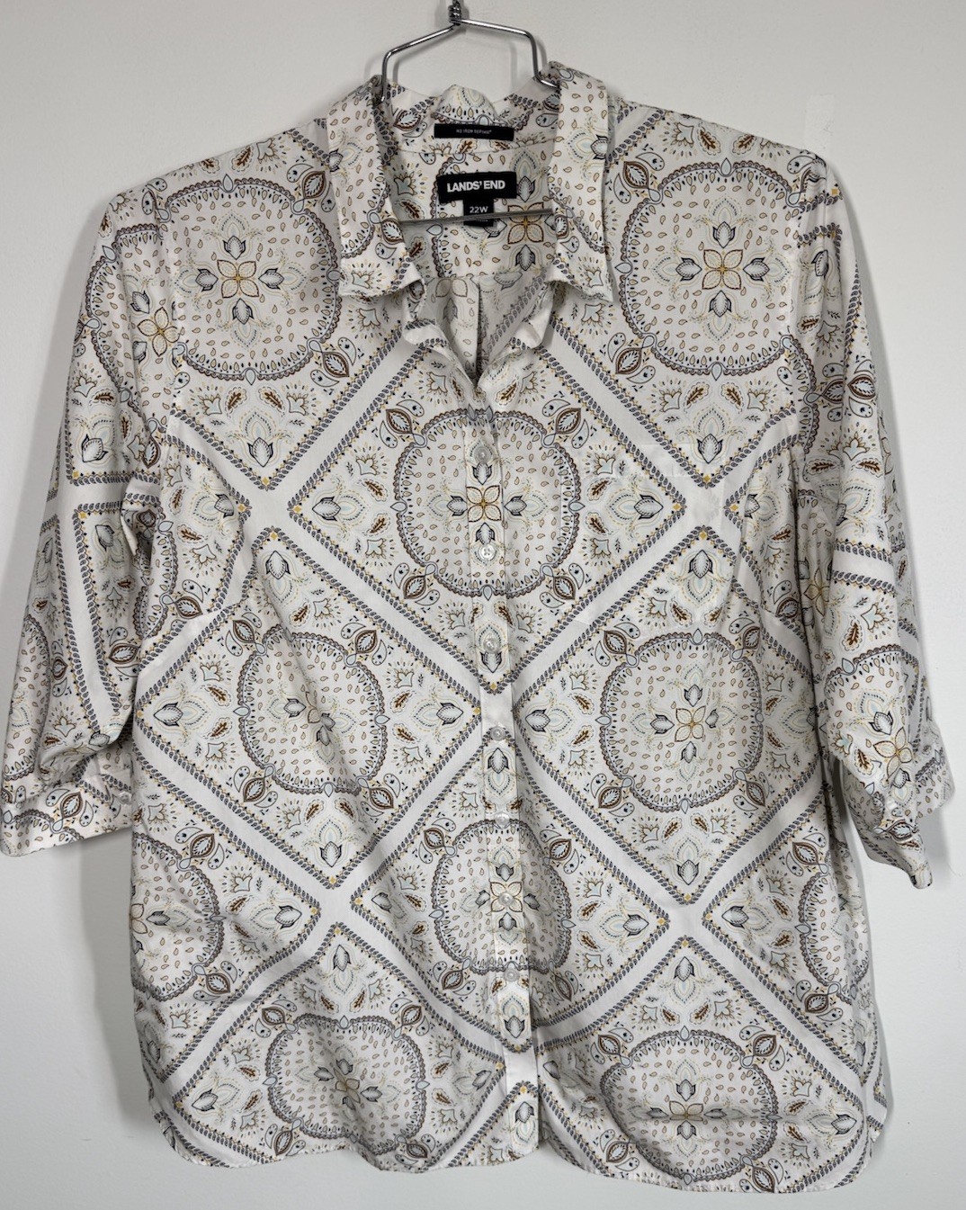 Lands' End No Iron Supima Cotton Paisley 3/4 Sleeve Button Up Shirt Women’s 22W