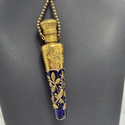 Antique Mini Cobalt Blue and Gold Perfume Tapered Chatelaine 