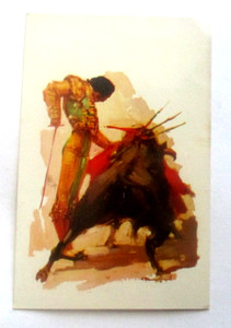 Vintage 1930s Prelinen art postcard of The Matador  At A Bullfight in Mexico