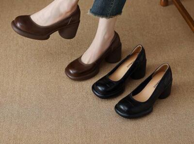Women's Round Toe Leather block heel Slip On Shallow Mouth Pumps Shoes Size