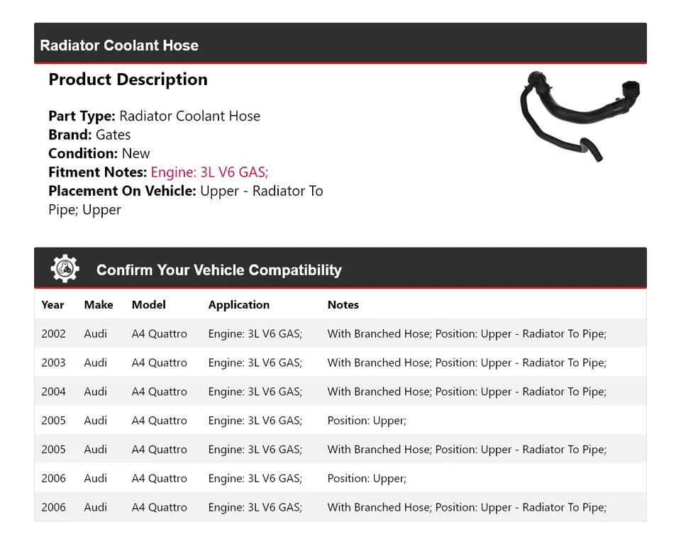 For 2002-2006 Audi A4 Quattro 3L V6 GAS Radiator Coolant Hose Gates 2003 2004 - Image 2 of 3