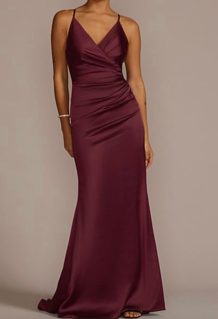 willow green bridesmaid dresses Sheath Cowl Neck Satin Dress With Slit in The fitted sheath silhouette size_schema_us Milkmaid Gingham Mini Dress Primary colour:Red