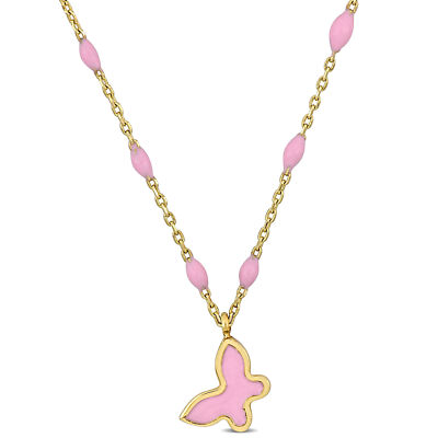 Amour 14K Yellow Gold Pink Enamel Butterfly 16'' Necklace