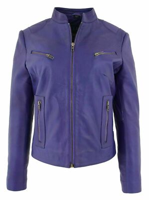 Classic Women Genuine Lambskin Real Leather Jacket Purple Slim Fit Zipper Coat