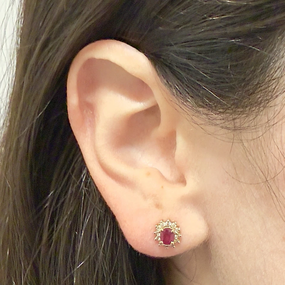 14K Oval Ruby & Diamond Halo Stud Earrings - 14K Yellow Gold Ruby Earrings - Image 2 of 4