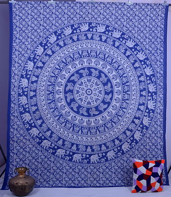 Indian Elephant Mandala Print Tapestry Wall Hanging Hippie Blue Cotton ...