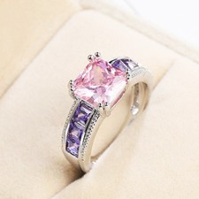 Square Cut Natural Pink Topaz Purple Amethyst Gemstone Silver Ring US Size 6-10