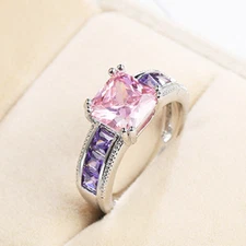 Square Cut Natural Pink Topaz Purple Amethyst Gemstone Silver Ring US Size 6-10