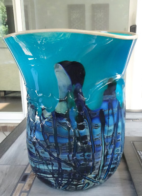 HEAVY! Large Signed 1997 BUMP Studio Art Glass Threaded Freeform Vase 10.5''