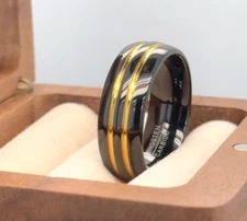 High Polished Black Tungsten Ring Gold Dual Strip Style Band Gift For Girlfriend