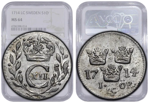 SWEDEN, Karl XII, 1 Ore 1714 LC, silver, Top Pop, NGC MS 64