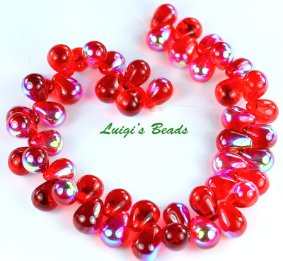 25 Siam Ruby AB Czech Pressed Glass Teardrops Beads 8x6mm