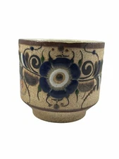 Hand Painted Mexican Coffee Tea Mug Flower Blue Brown Pottery Signed Tonala