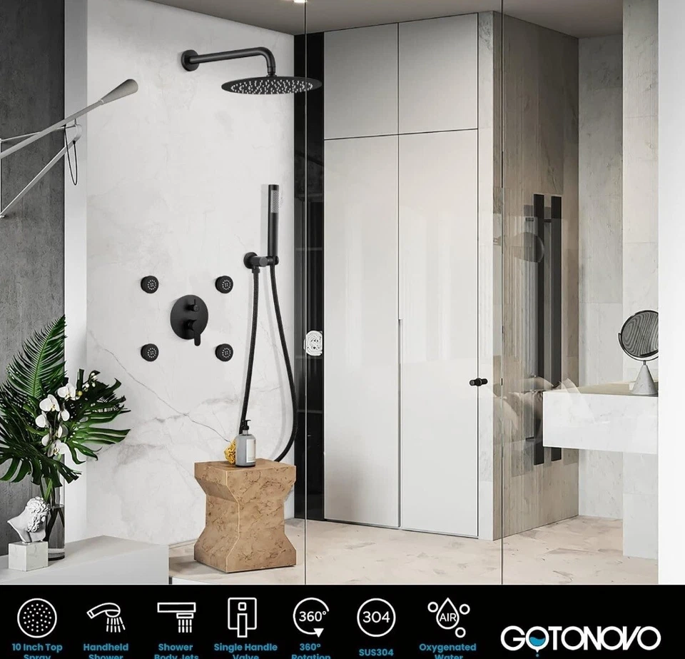 Juego combinado de cabezal de ducha de lluvia redondo Gotonovo negro mate de 10’’’ 4 chorros de spray corporal Foto 2 de 4