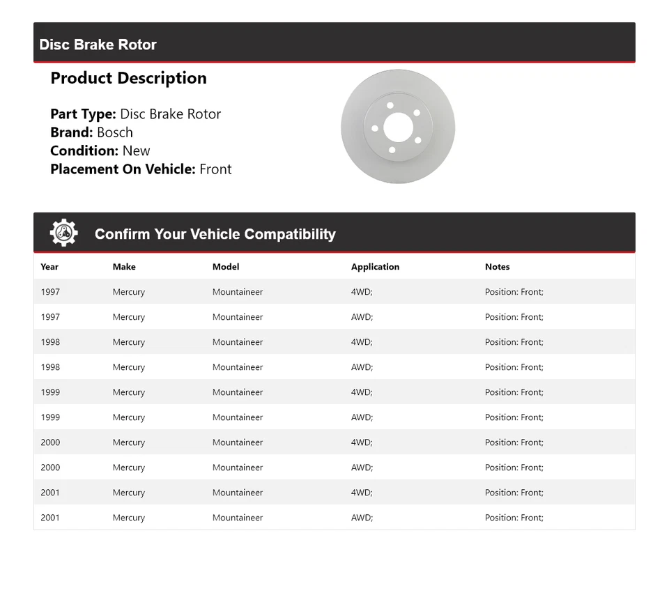 Для 1997-2001 Mercury Mountaineer Bosch тихий литой дисковый тормоз ротор передний 1998 - Изображение 2 из 4