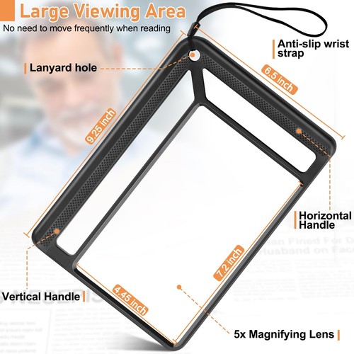 5X Full Page Magnifying Glass For Reading, Lightweight Rectangular Magnifier For - Picture 5 of 6