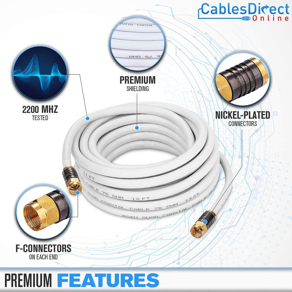 50ft White Quad Shield RG6 Coax Cable F Pin Coaxial Tip BNC Extension