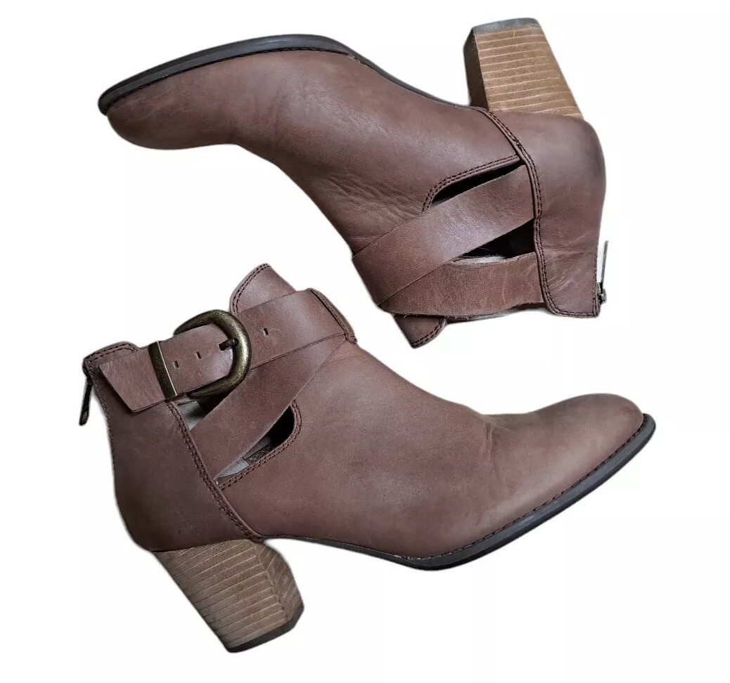 Vionic Shoes Womens Boots Size Rory Buckle Back Zip Block Heel Brown  Leather