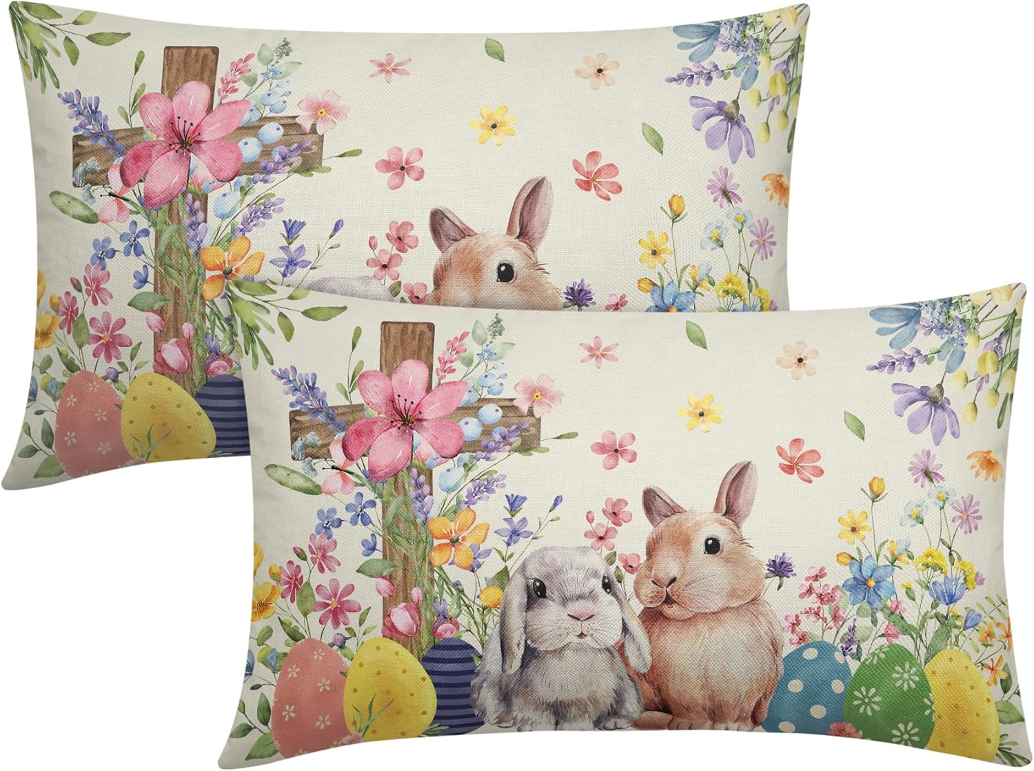 Easter Spring Rabbit Bunny Flower Cross Pillow Covers 12x20 Set of 2