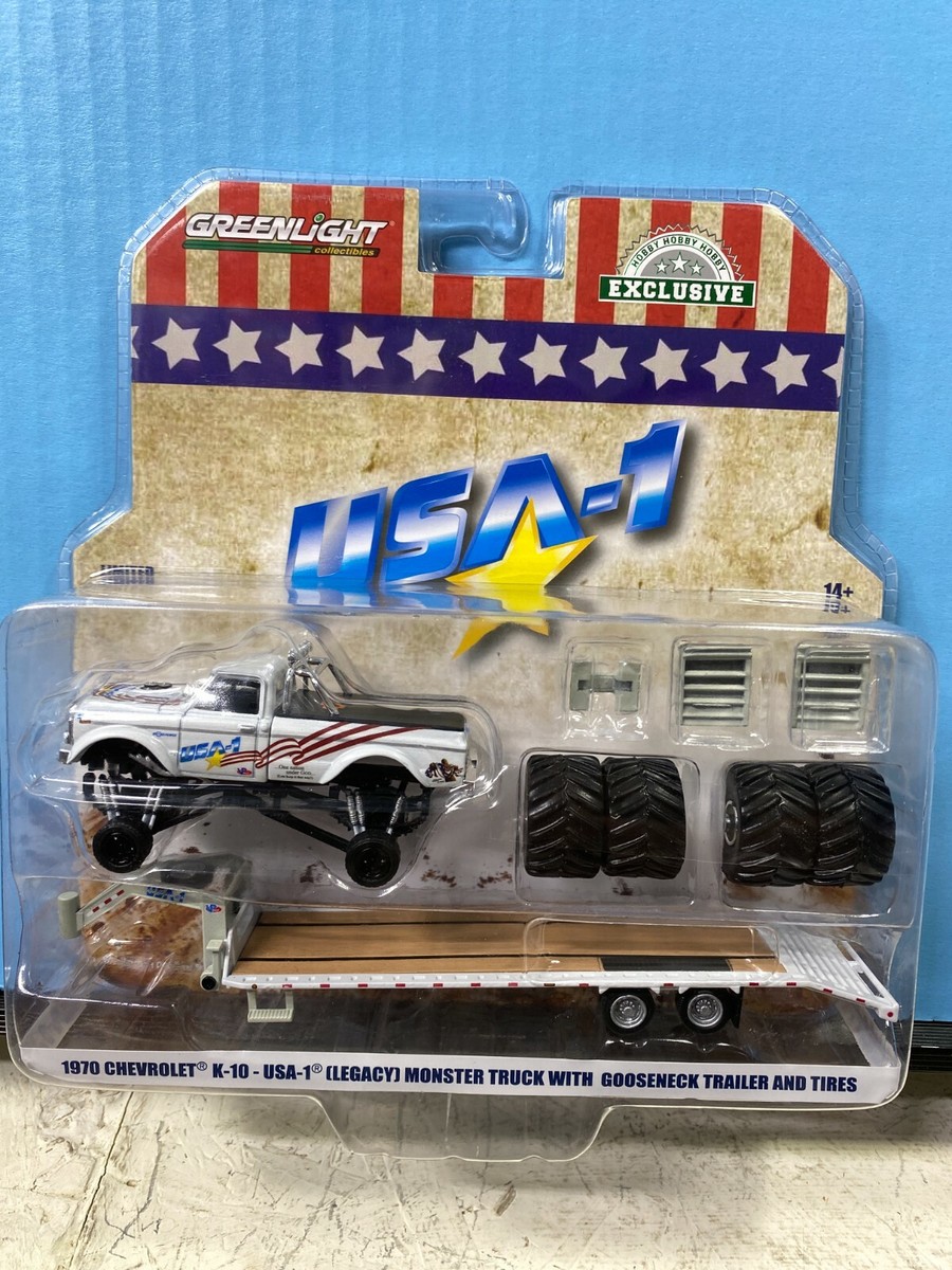 1/64 GREENLIGHT 1970 CHEVROLET K10 USA-1 MONSTER TRUCK & GOOSENECK