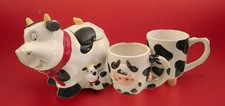 Vintage Country Ceramic Cookie Jar w/Lid Momma & Baby Cow w/2 Mugs Farmhouse
