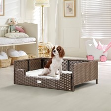 Rattan Dog Bed W/ Beige Cushion Indoor Outdoor Pet Bed Small Medium Dogs 