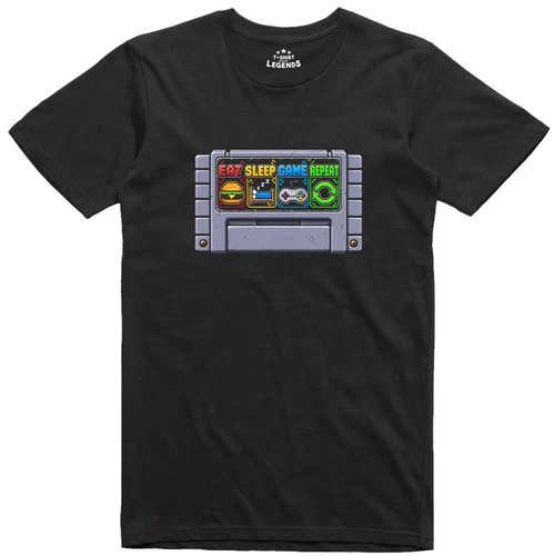 Gamer T Shirt Mens Console Retro Cartridge Eat Sleep Game Repeat - Picture 1 of 2