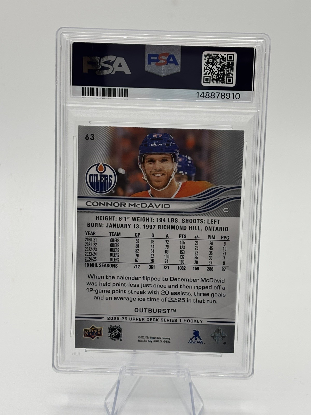 PSA 9 Upper Deck 2025-26 Series 1 Outburst Connor McDavid Oilers #63 SP Silver view 2