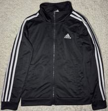 Adidas Track Jacket Youth Medium 10/12 Black 3 Stripe Full Zip