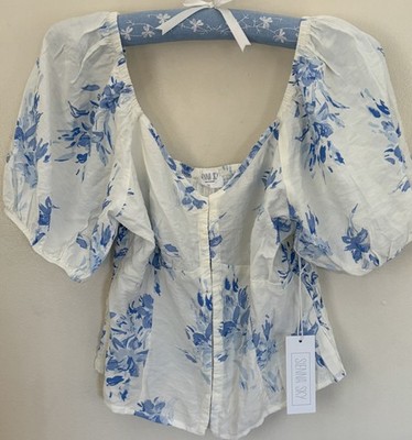 NWT Sienna Sky Baby Doll Blouse Blue White Floral Smocked hook eye closure XL